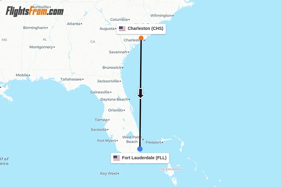Flights from Charleston to Fort Lauderdale route map
