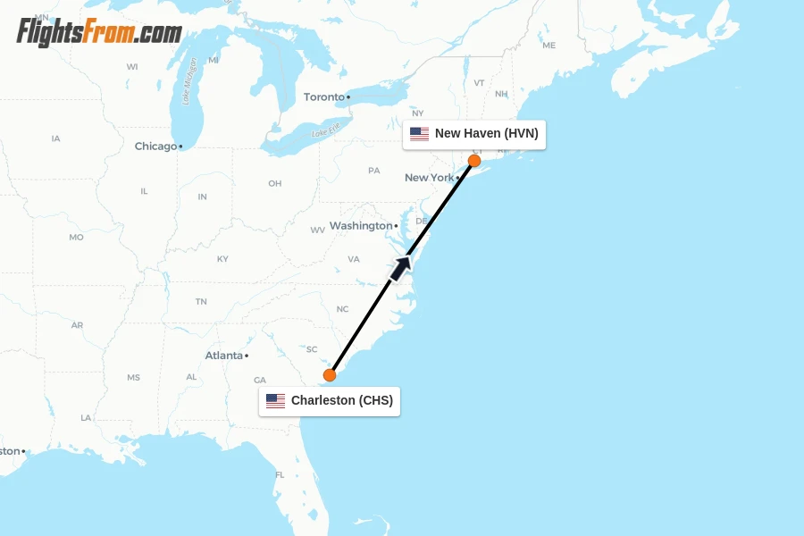 Flights from Charleston to New Haven route map
