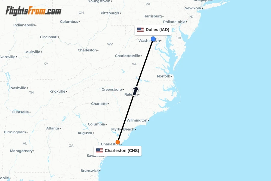 Flights from Charleston to Dulles route map
