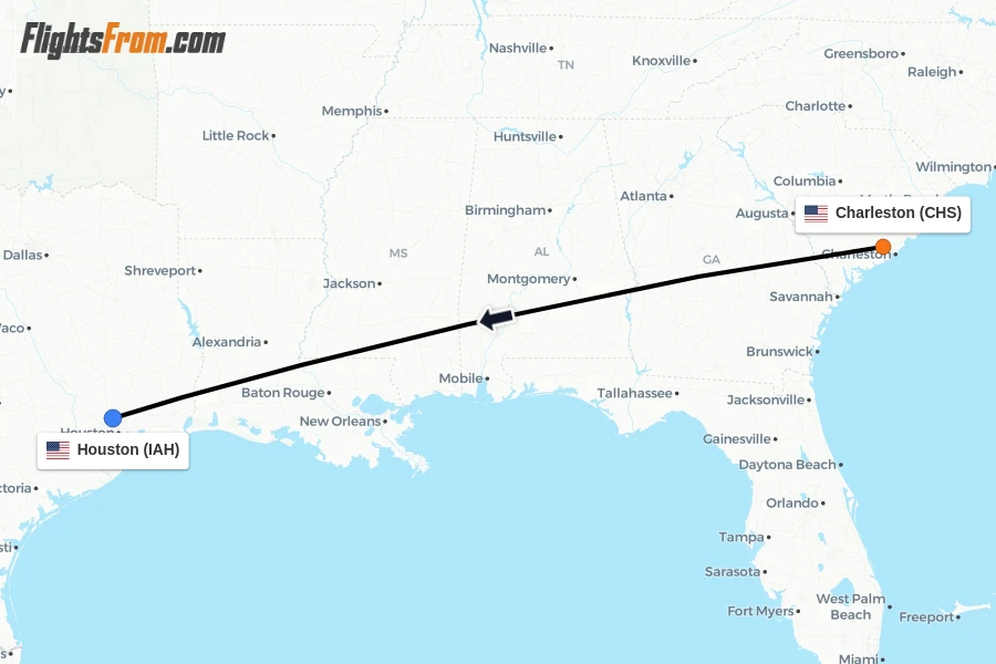 Flights from Charleston to Houston route map