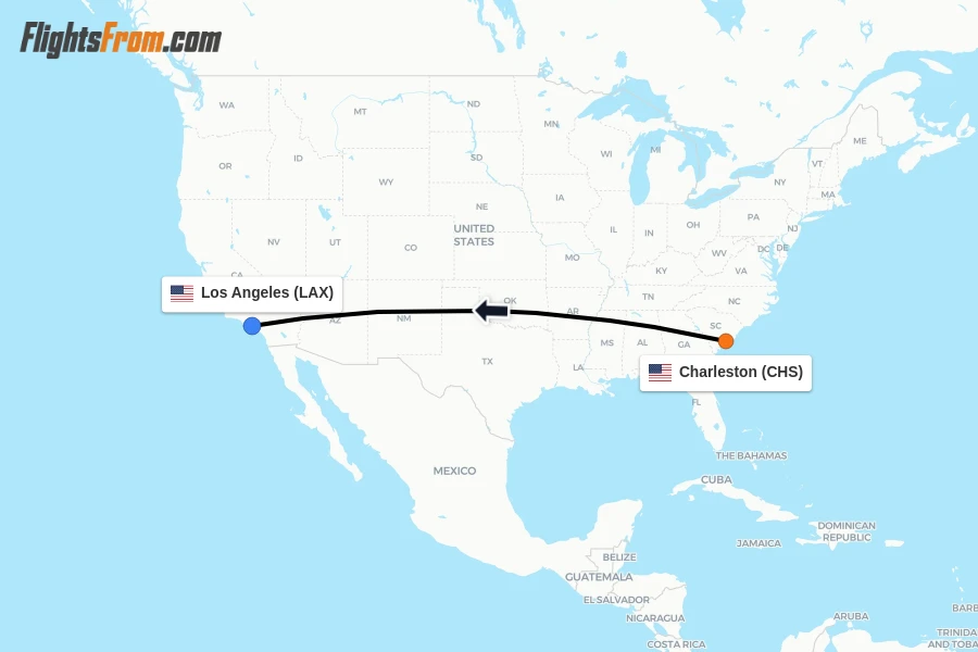 Flights from Charleston to Los Angeles route map