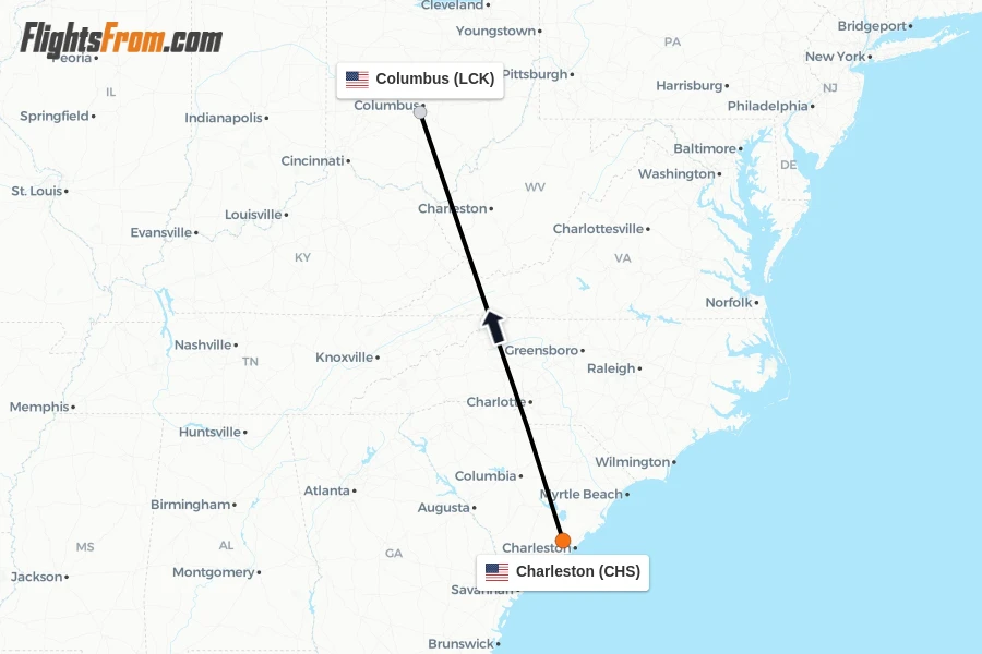 Flights from Charleston to Columbus route map