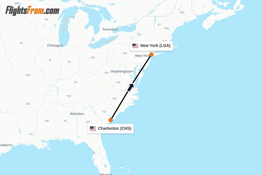 Flights from Charleston to New York route map