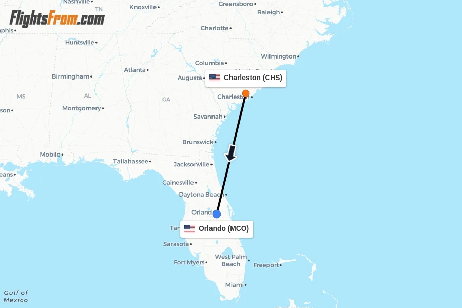 Flights from Charleston to Orlando route map