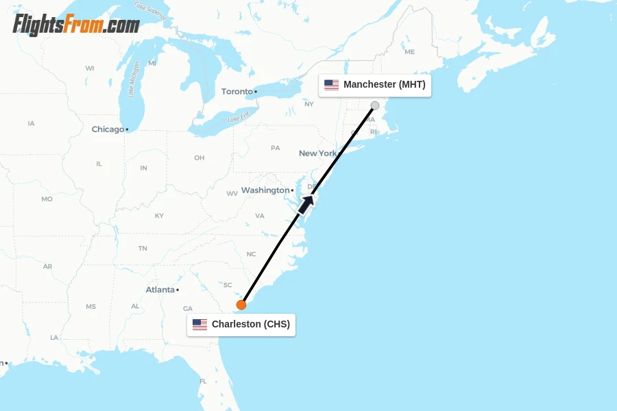 Flights from Charleston to Manchester route map