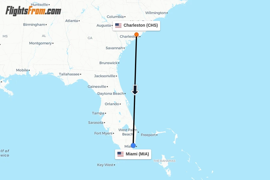 Flights from Charleston to Miami route map