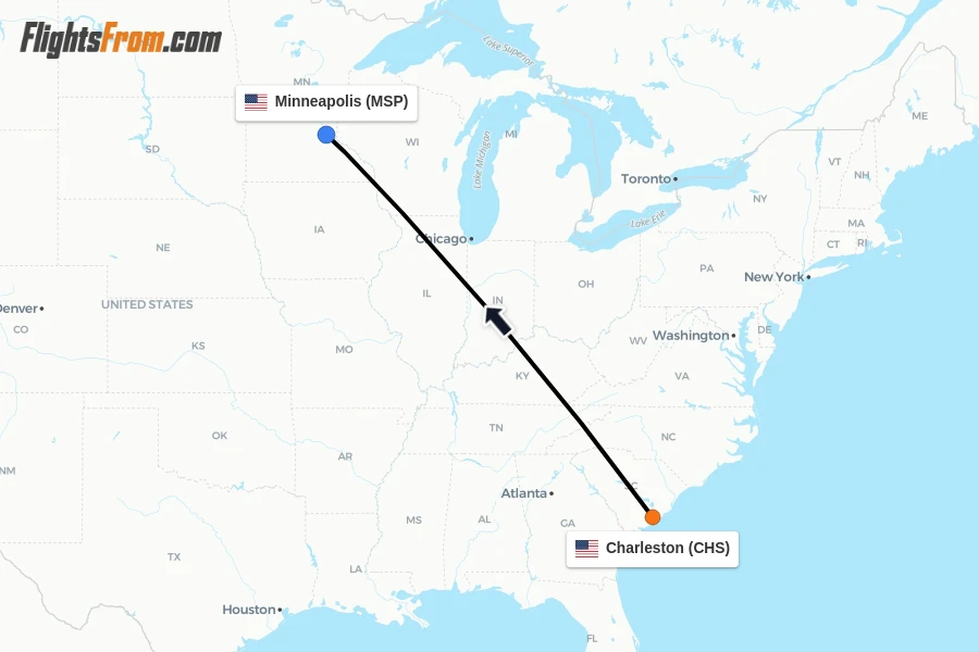 Flights from Charleston to Minneapolis route map
