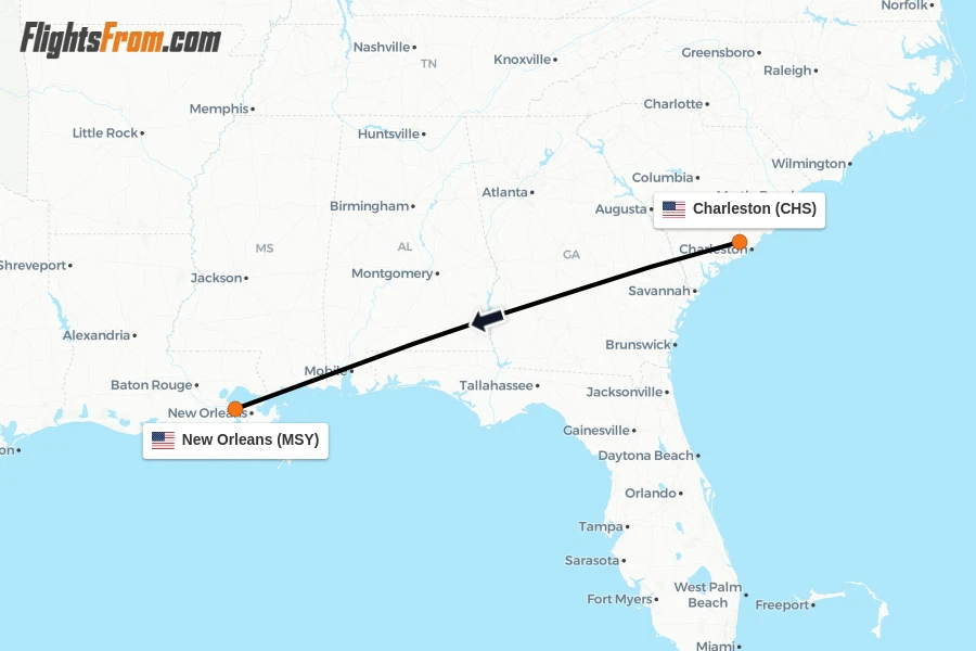 Flights from Charleston to New Orleans route map
