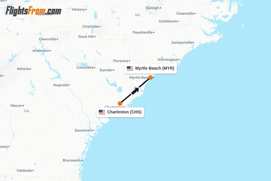 Flights from Charleston to Myrtle Beach route map