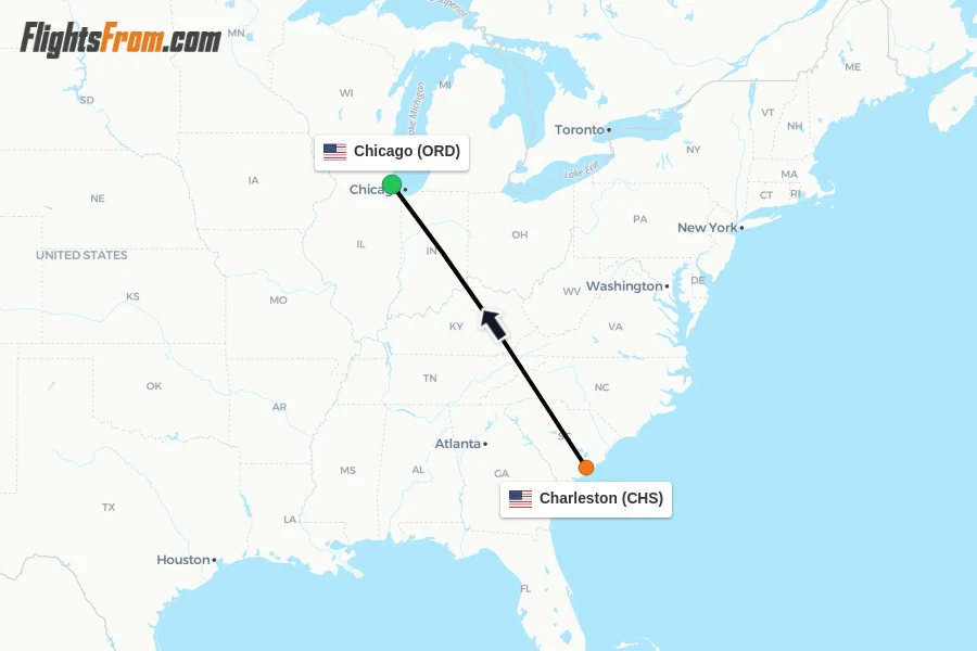 Flights from Charleston to Chicago route map