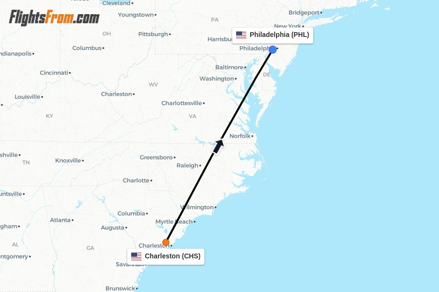 Flights from Charleston to Philadelphia route map