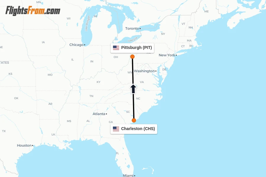 Flights from Charleston to Pittsburgh route map