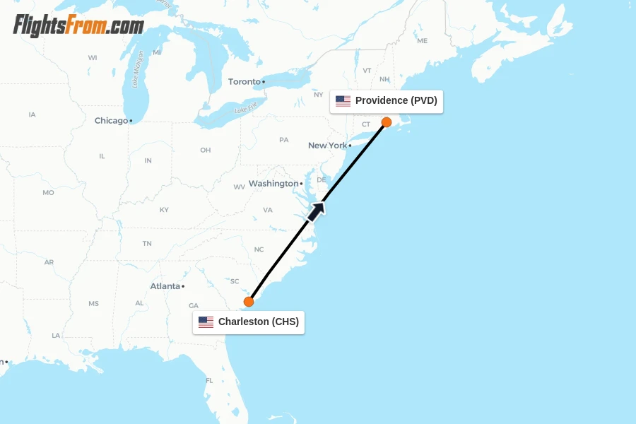 Flights from Charleston to Providence route map