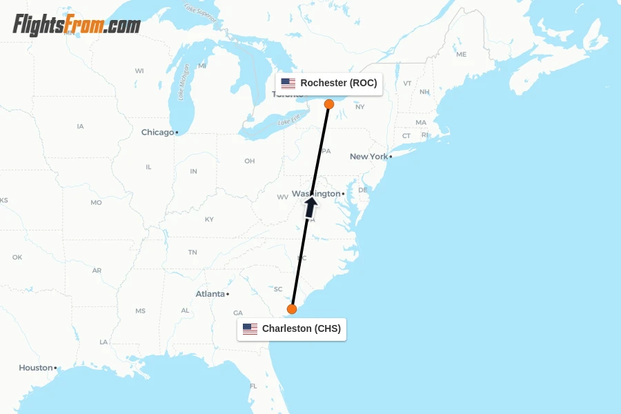 Flights from Charleston to Rochester route map