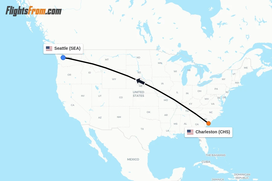 Flights from Charleston to Seattle route map
