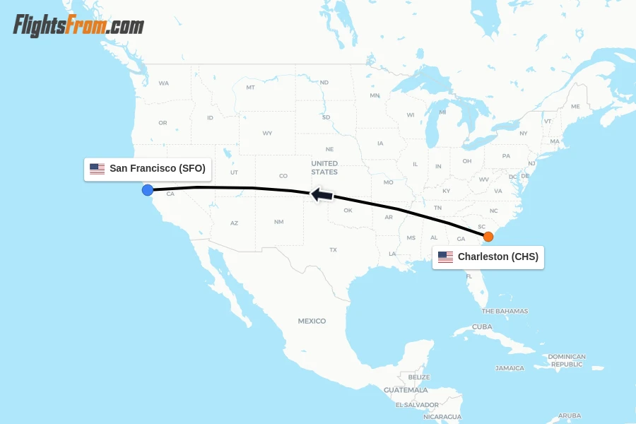 Flights from Charleston to San Francisco route map