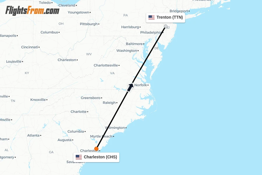 Flights from Charleston to Trenton route map