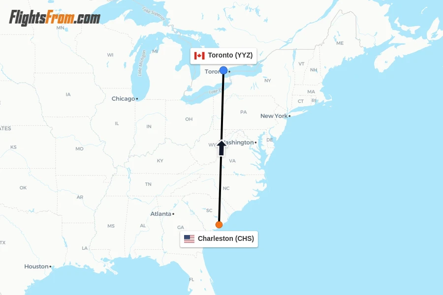 Flights from Charleston to Toronto route map