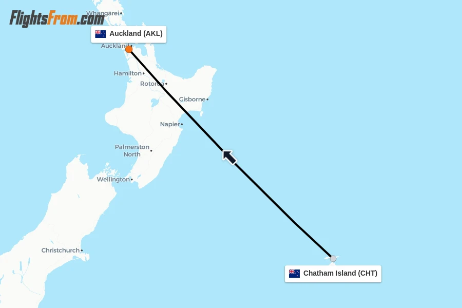 Flights from Chatham Island to Auckland route map