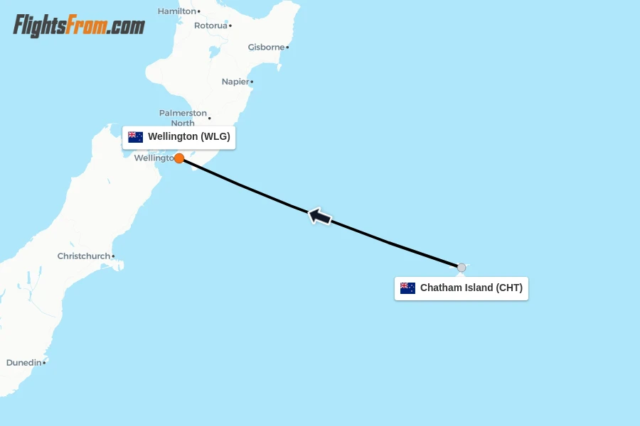 Flights from Chatham Island to Wellington route map