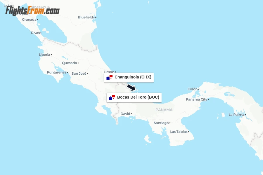 Flights from Changuinola to Bocas Del Toro route map