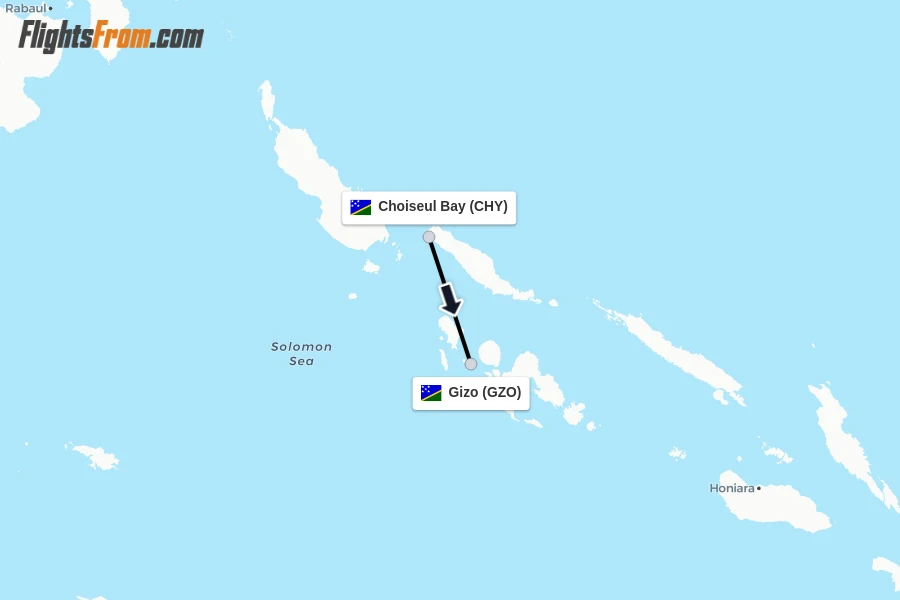 Flights from Choiseul Bay to Gizo route map