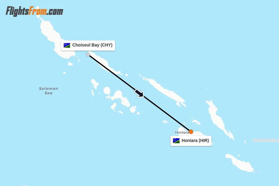 Flights from Choiseul Bay to Honiara route map