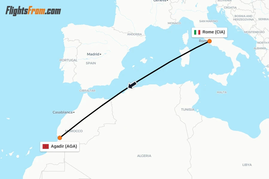 Flights from Rome to Agadir route map