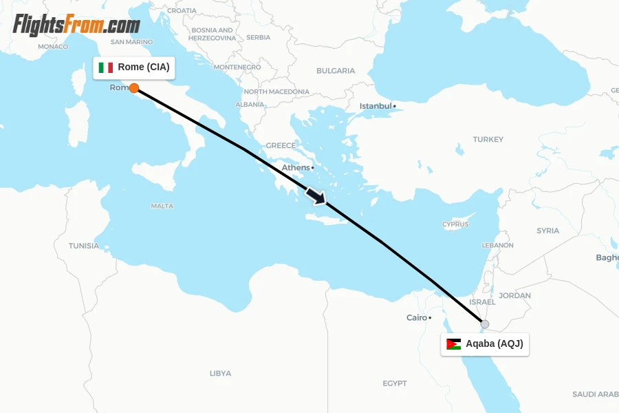 Flights from Rome to Aqaba route map