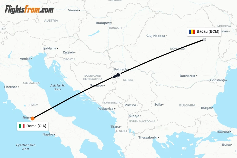 Flights from Rome to Bacau route map