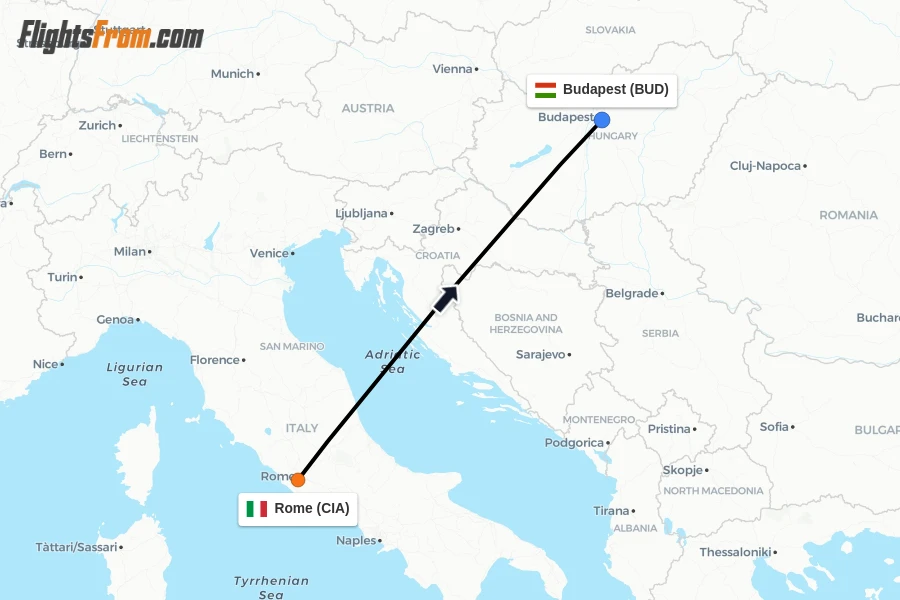 Flights from Rome to Budapest route map