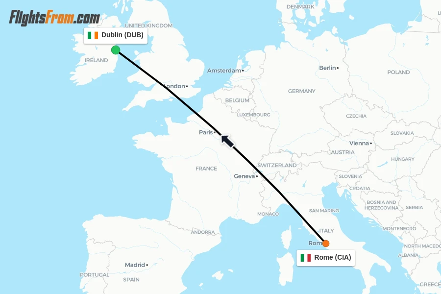 Flights from Rome to Dublin route map
