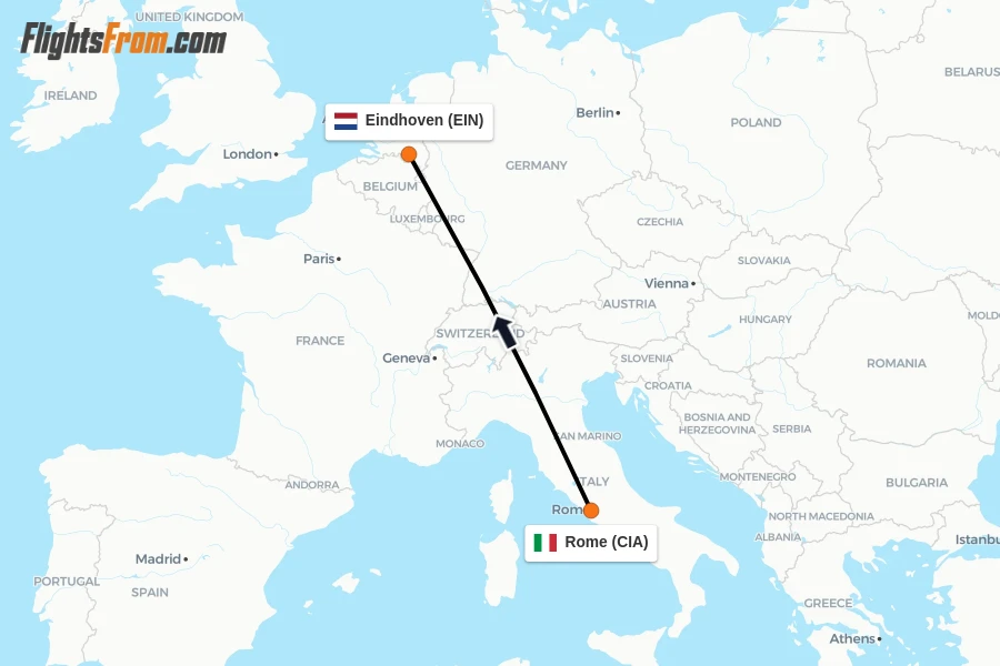 Flights from Rome to Eindhoven route map