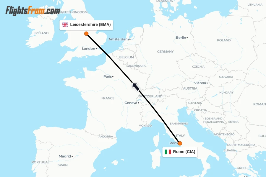 Flights from Rome to Leicestershire route map