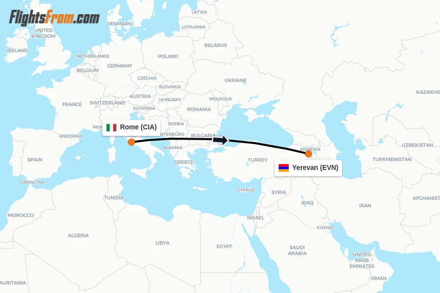 Flights from Rome to Yerevan route map