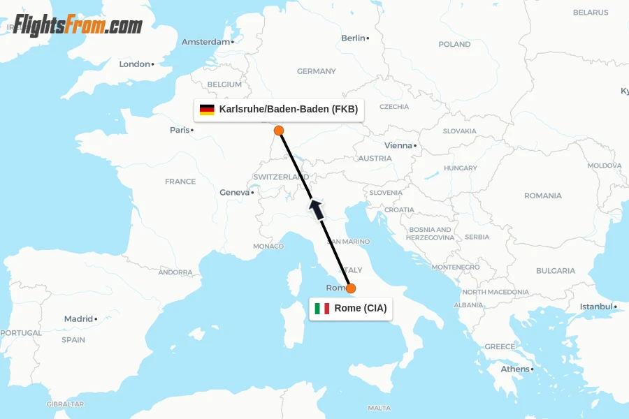 Flights from Rome to Karlsruhe/Baden-Baden route map