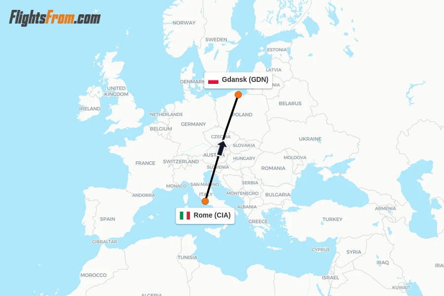 Flights from Rome to Gdansk route map