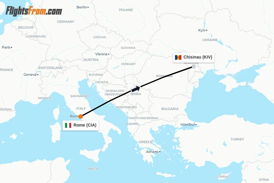Flights from Rome to Chisinau route map