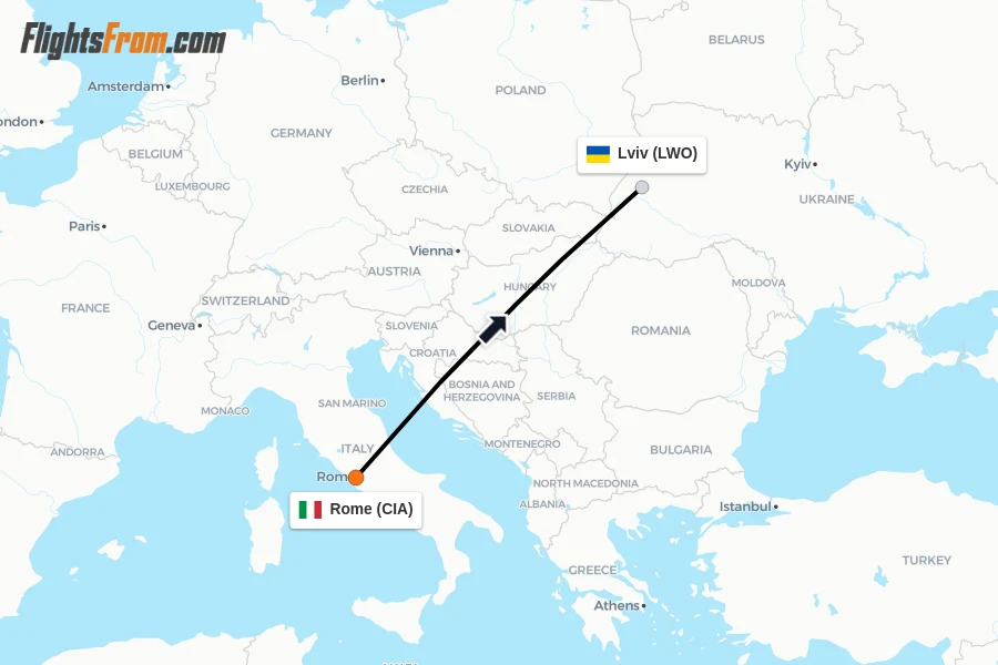 Flights from Rome to Lviv route map
