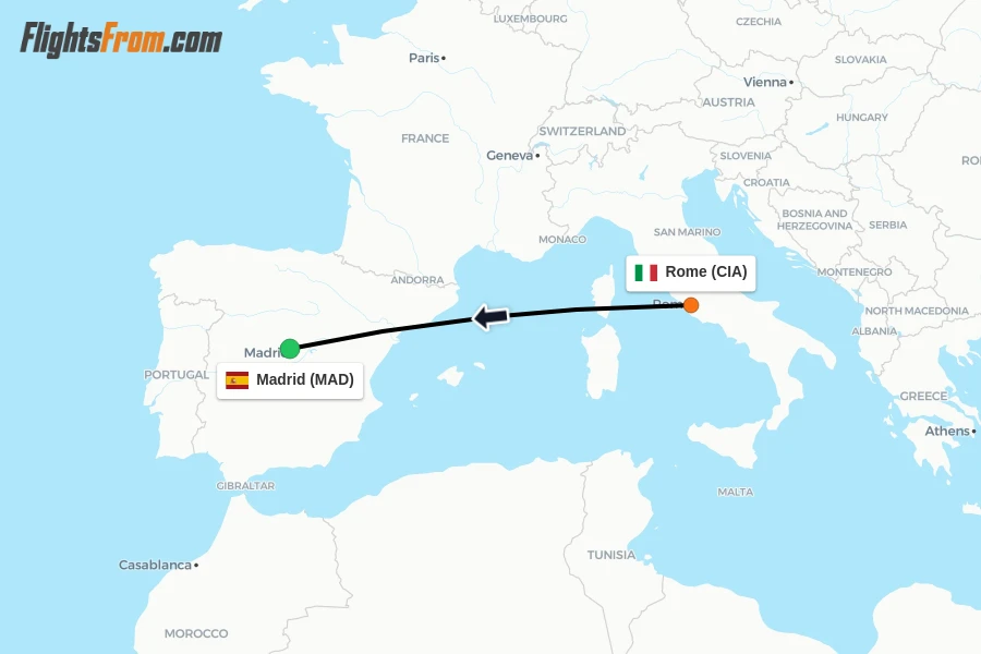 Flights from Rome to Madrid route map