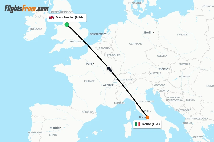 Flights from Rome to Manchester route map