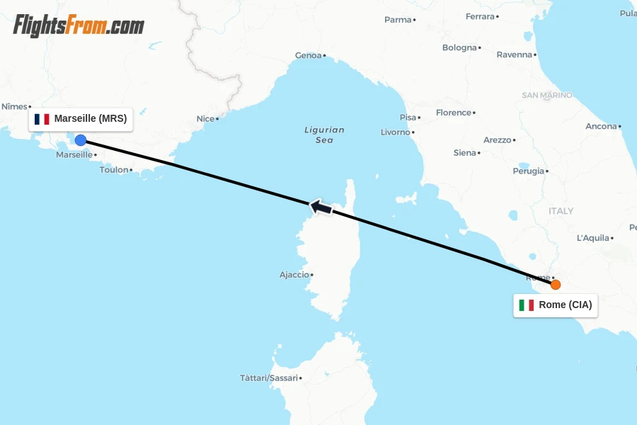 Flights from Rome to Marseille route map