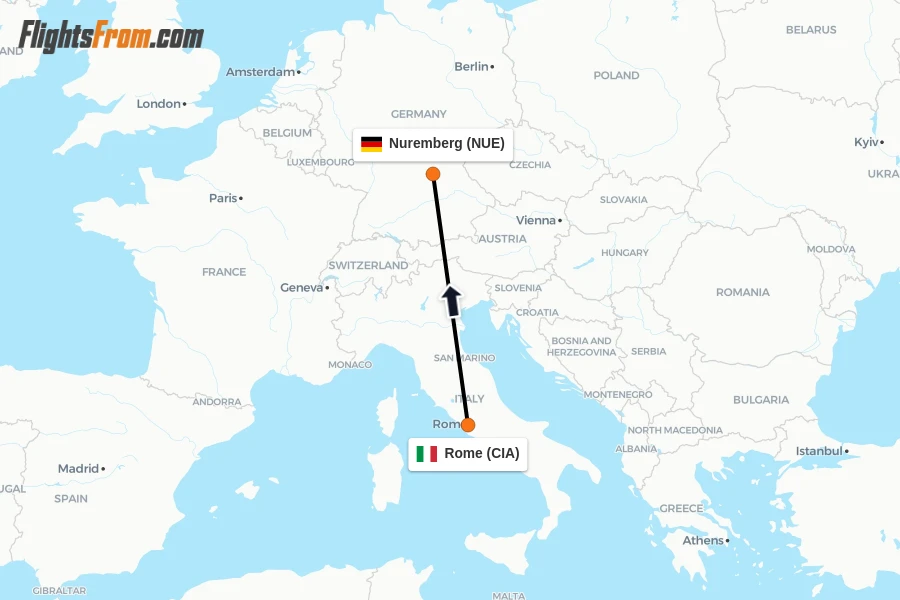Flights from Rome to Nuremberg route map