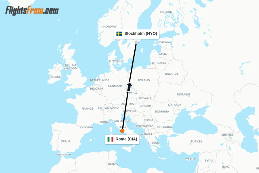Flights from Rome to Stockholm route map