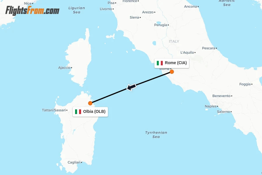 Flights from Rome to Olbia route map