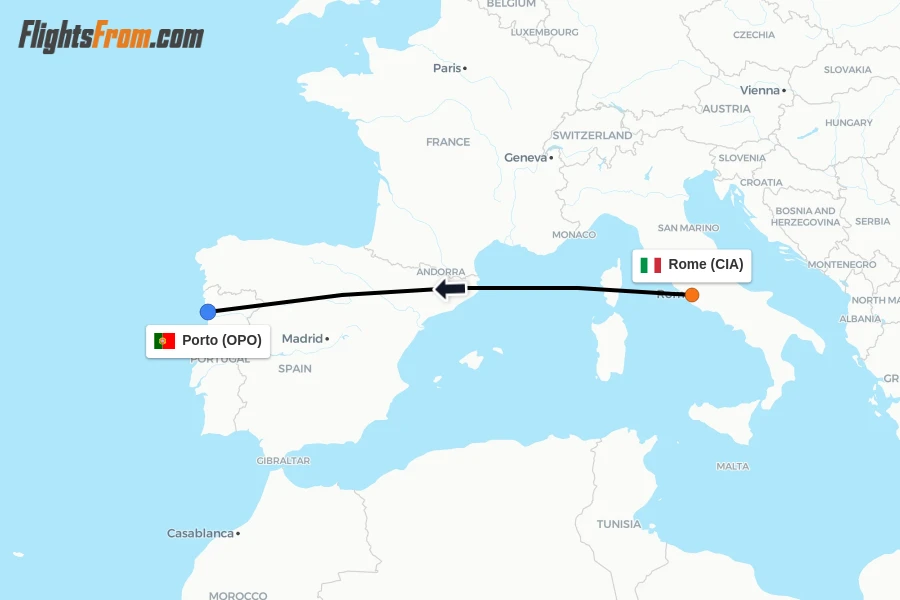 Flights from Rome to Porto route map