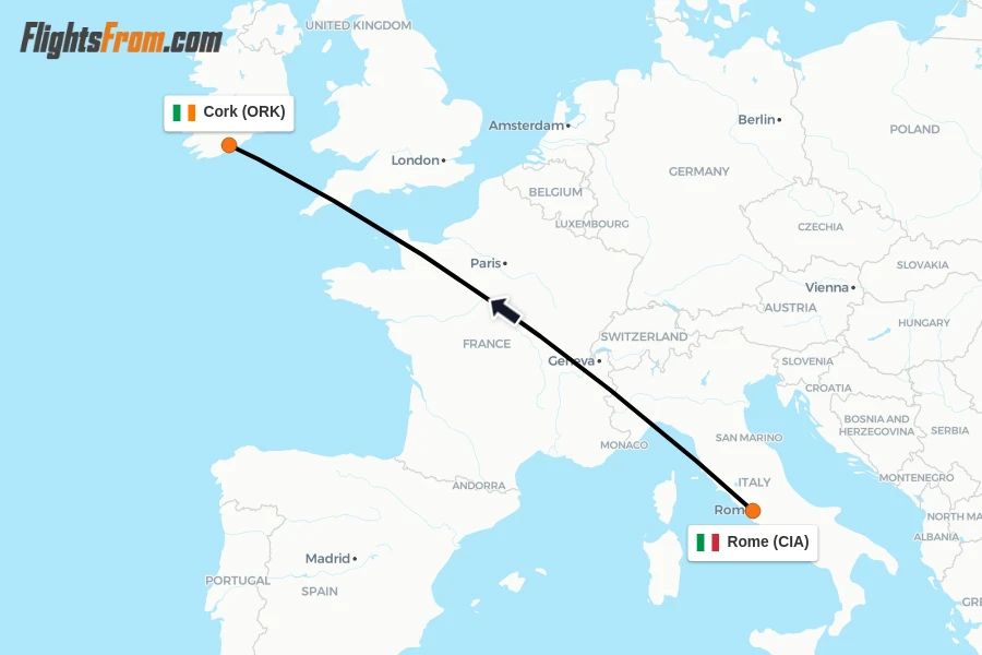 Flights from Rome to Cork route map