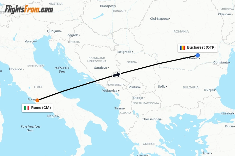 Flights from Rome to Bucharest route map