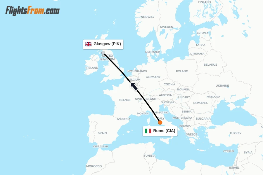 Flights from Rome to Glasgow route map