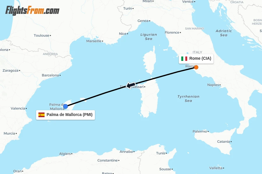 Flights from Rome to Palma de Mallorca route map